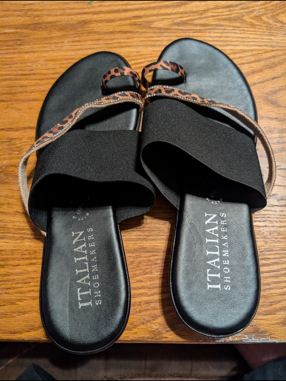Italian Shoemakers Black Slide Sandals with Leopard Accents
